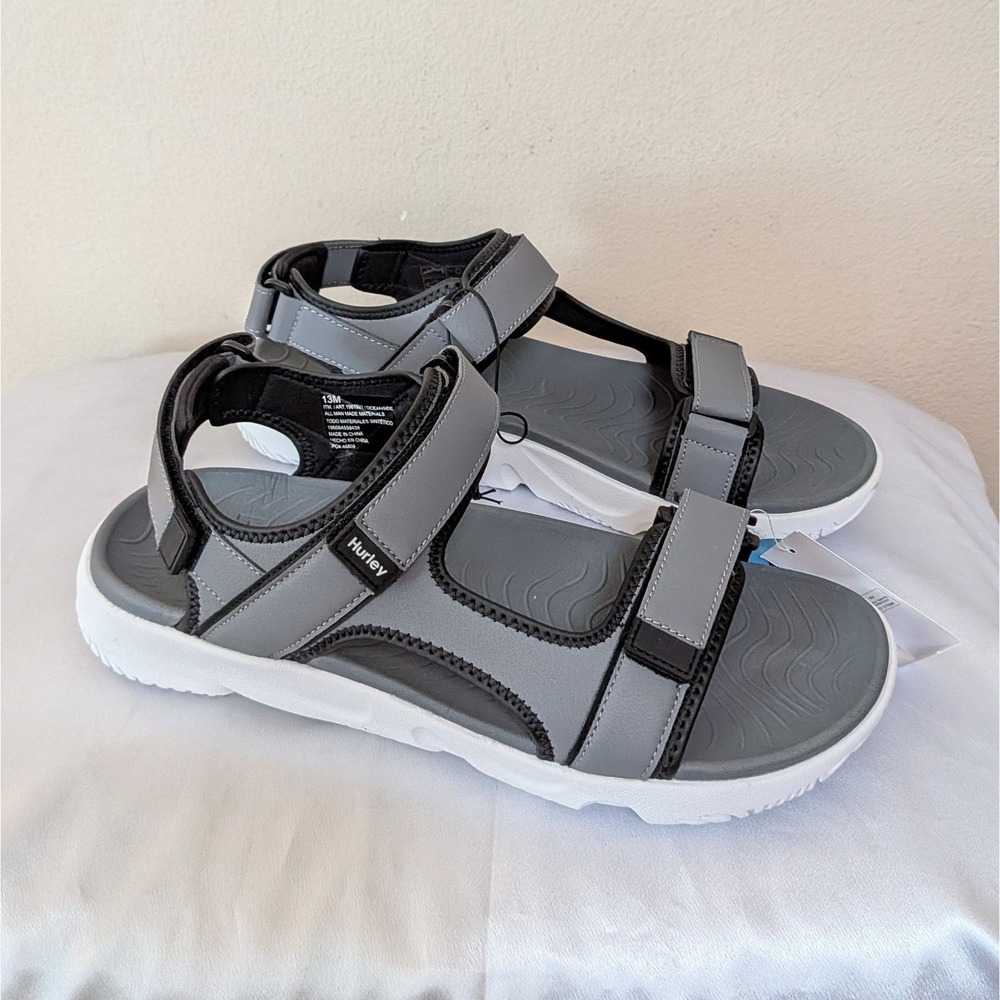 New Hurley Men's Adjustable Strap Sandals Shoes Gray White Size 13